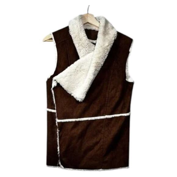 Brown Faux Suede Sherpa Vest – Boho Western Sleeveless Women’s Medium - Picture 2 of 4